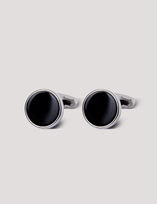 Silver Round Cufflinks - Black Onyx Detail