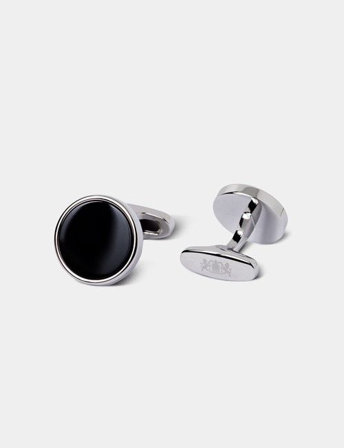 Silver Round Cufflinks - Black Onyx Detail-preview
