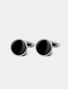 Silver Round Cufflinks - Black Onyx Detail