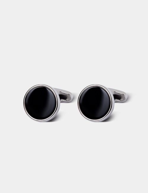 Silver Round Cufflinks - Black Onyx Detail