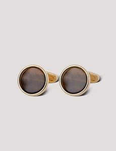 Gold Round Cufflinks - Tiger Eye Detail