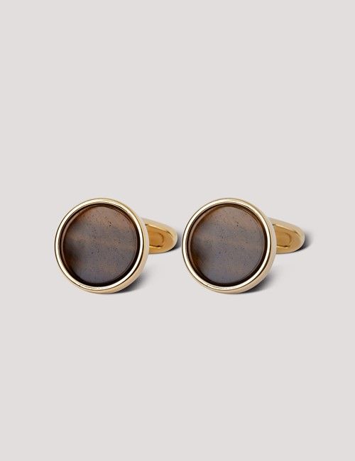 Gold Round Cufflinks - Tiger Eye Detail 
