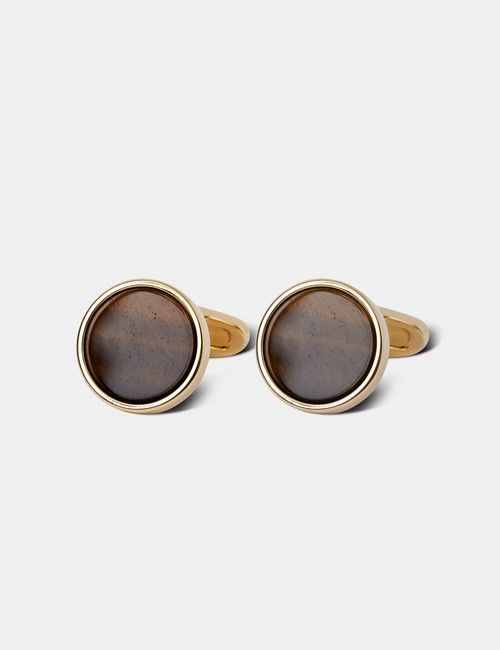 Gold Round Cufflinks - Tiger Eye Detail 