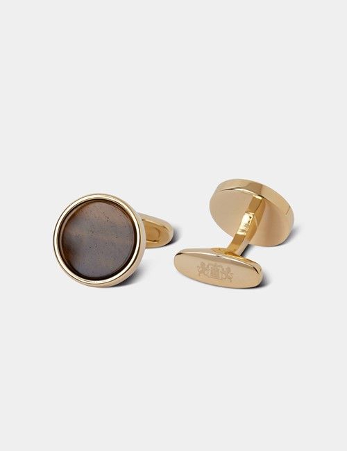 Gold Round Cufflinks - Tiger Eye Detail-preview