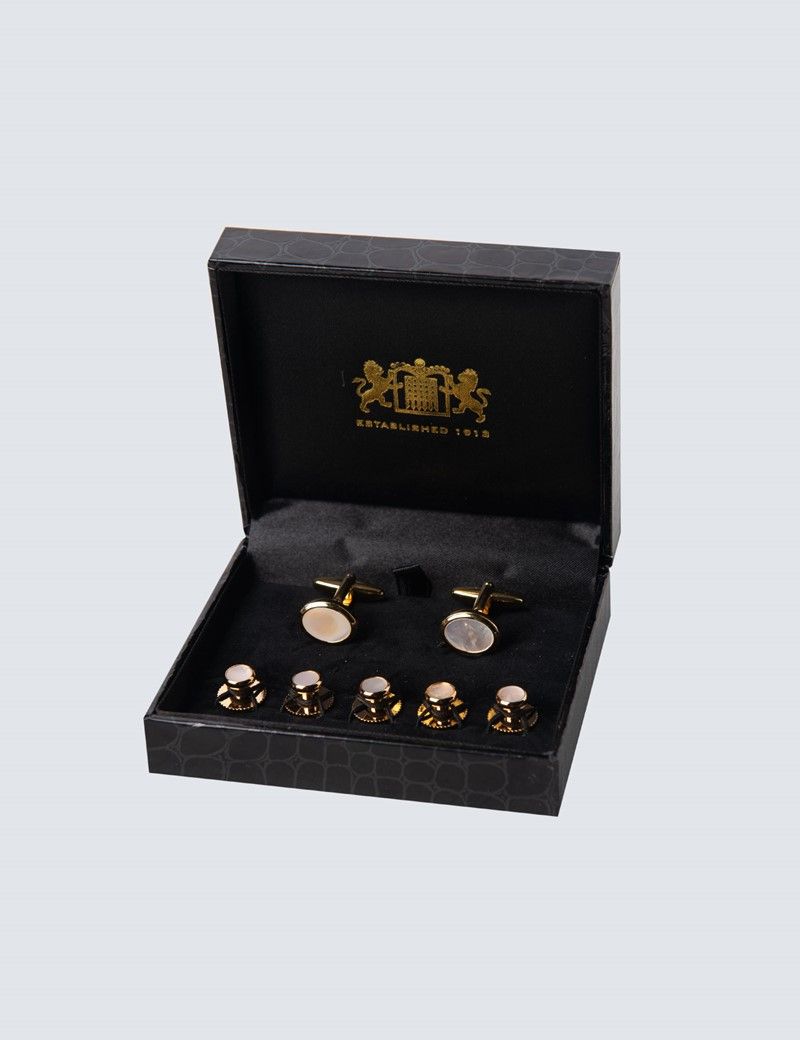 Men's Gold Mother of Pearl Cufflink & Dress Stud Set