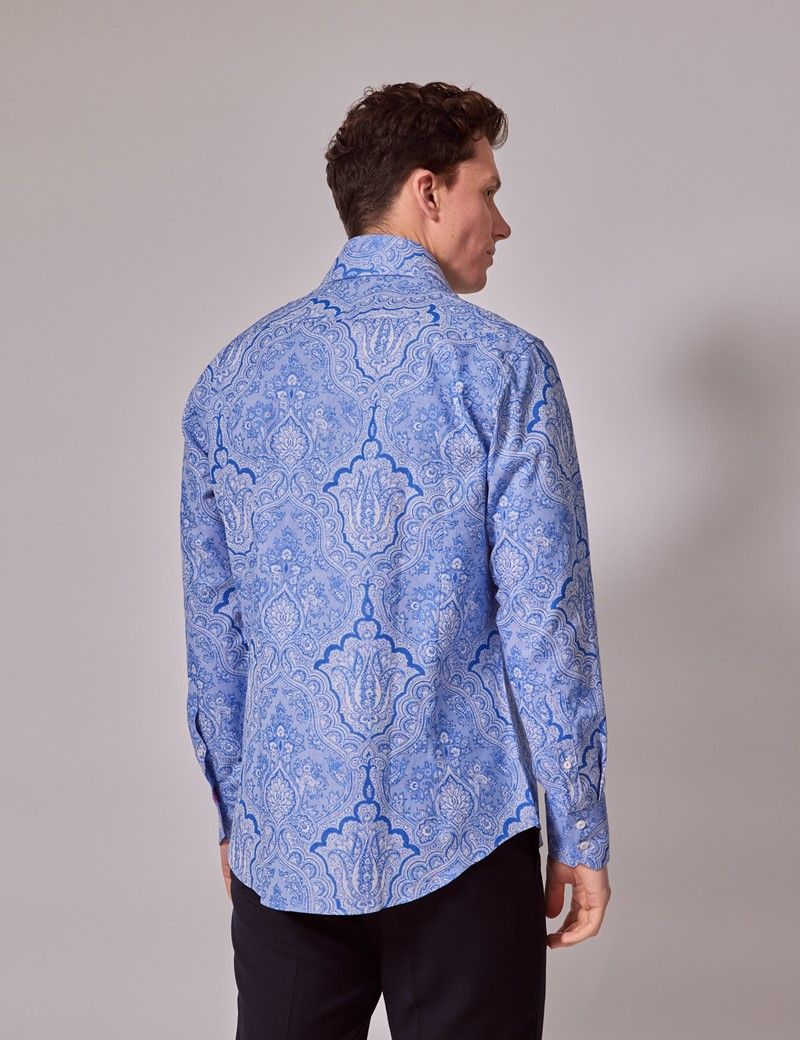 Men's Blue Paisley Jacquard Slim Shirt - High Collar | Hawes & Curtis