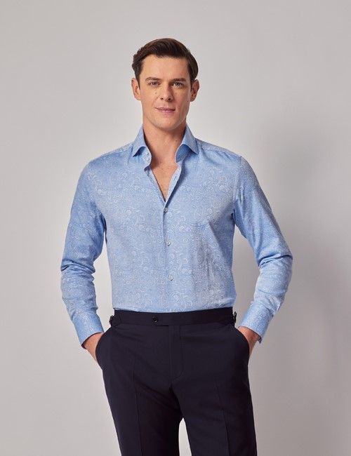 Blue Paisley Jacquard Slim Curtis Shirt - High Collar