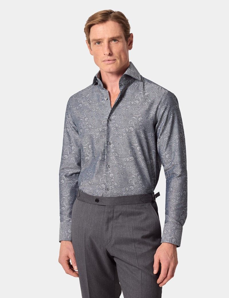Slim Fit Grey & Navy Paisley Jacquard Curtis Shirt