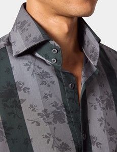 Slim Fit Grey & Green Stripe Jacquard Curtis Shirt