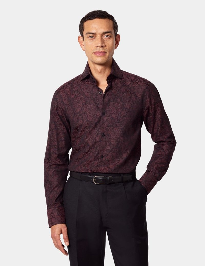Slim Fit Burgundy & Black Paisley Jacquard Curtis Shirt