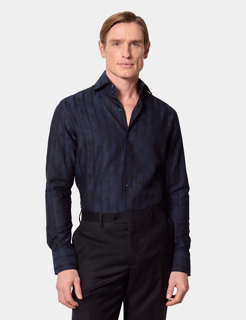 Slim Fit Dark Navy Stripe Jacquard Curtis Shirt