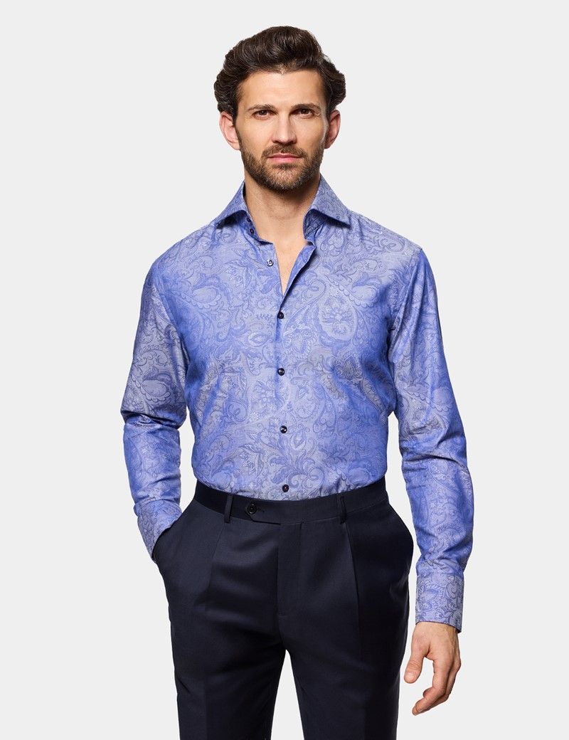 Slim Fit Royal Blue Paisley Jacquard Curtis Shirt
