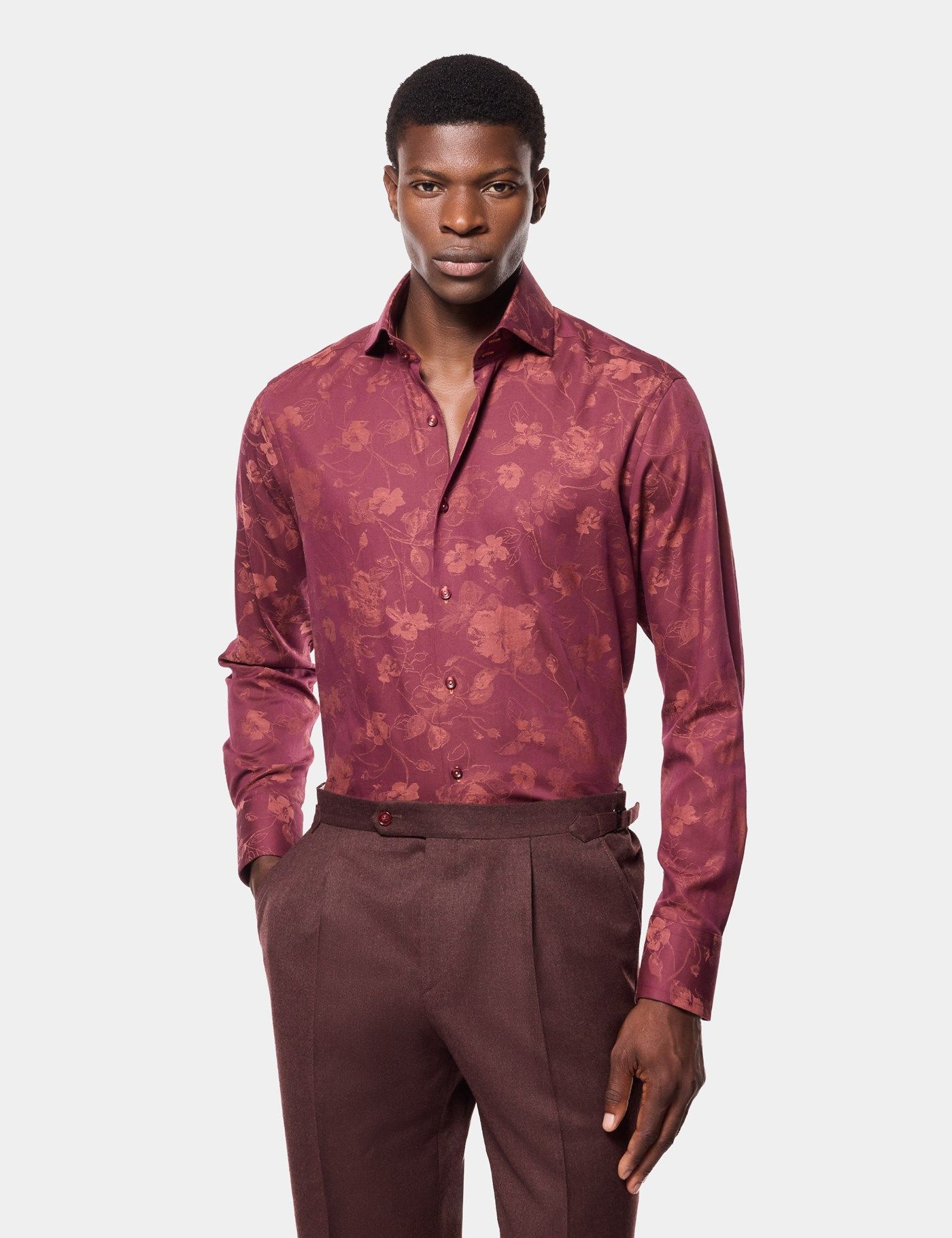 Hawes & Curtis Slim Fit Burgundy Floral Jacquard Curtis Shirt | Cotton