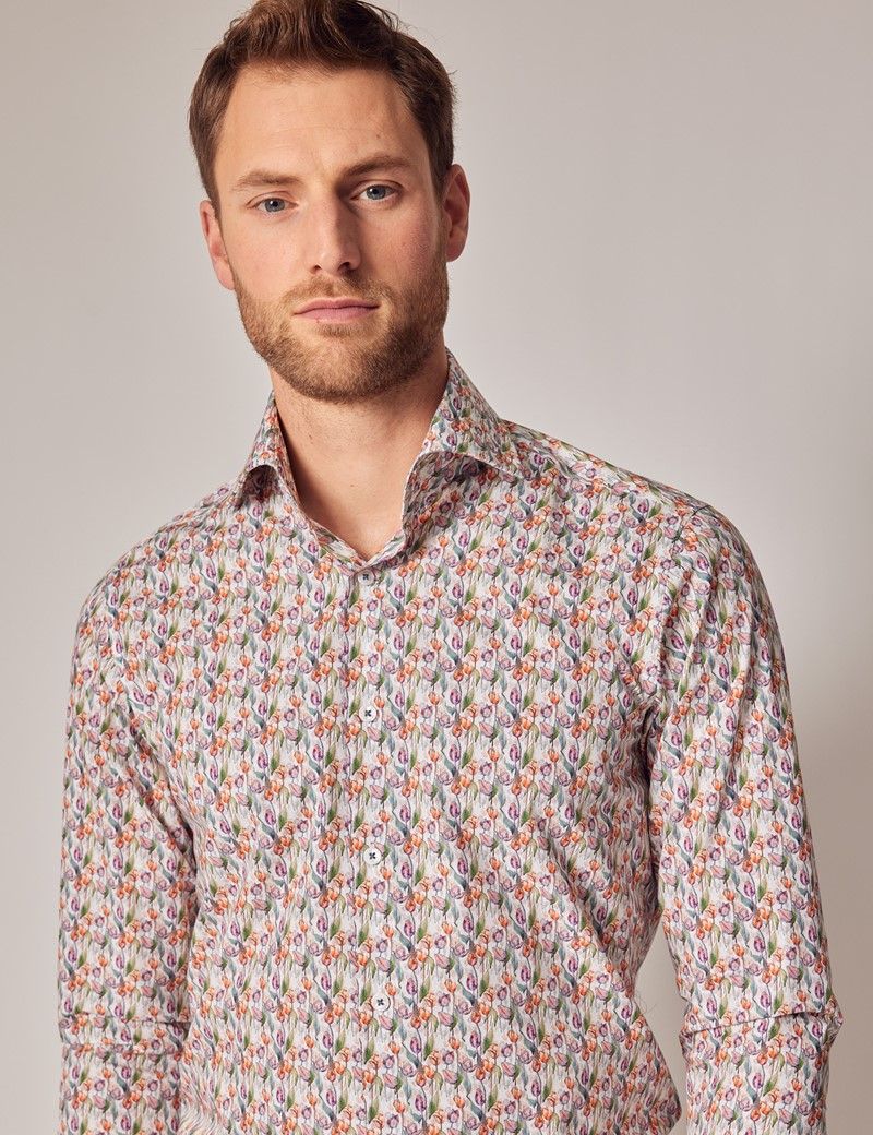 White & Purple Tulip Floral Slim Shirt - High Collar | Hawes & Curtis