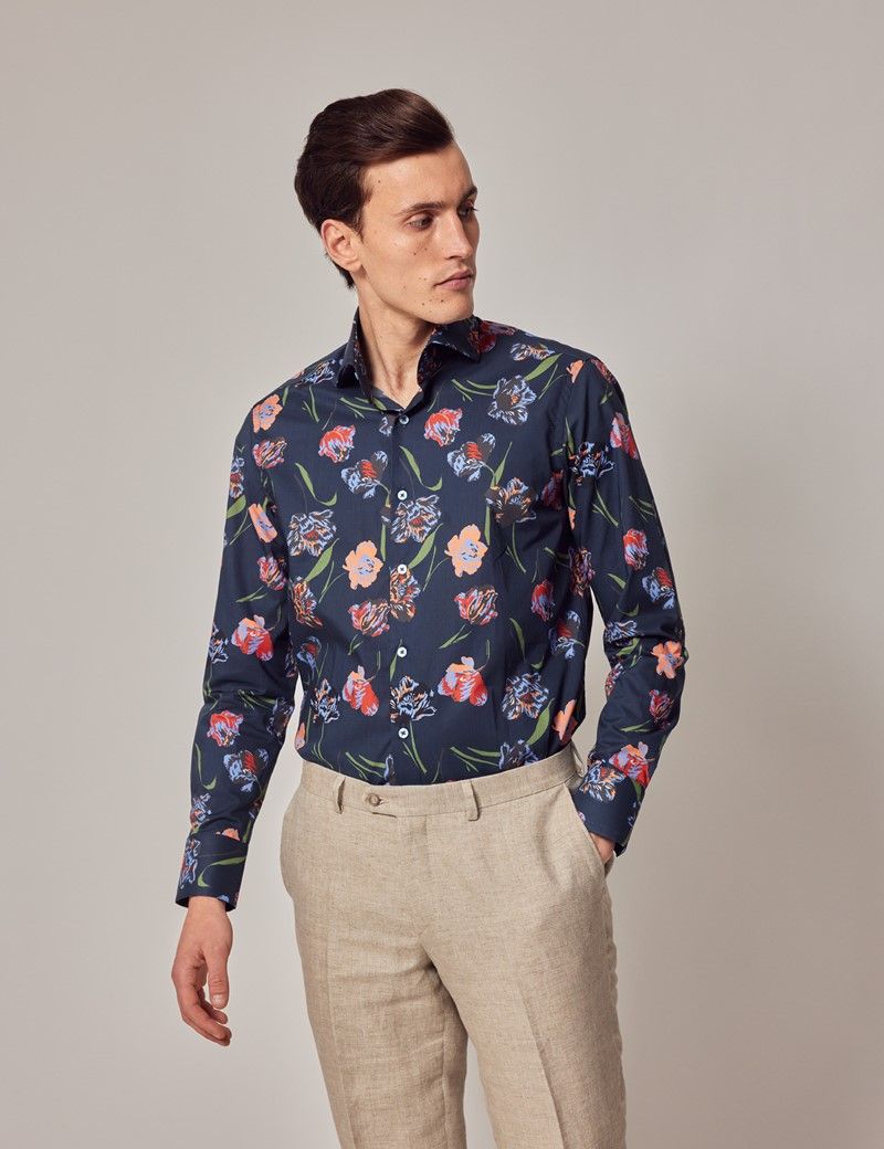 Men's Blue & Green Floral Tulip Slim Shirt - High Collar