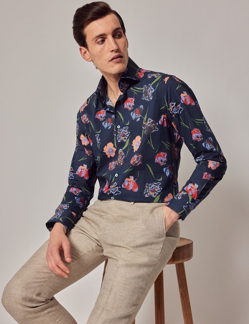 Men's Blue & Green Floral Tulip Slim Shirt - High Collar