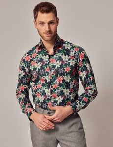Green & White Floral Lily Slim Shirt - High Collar