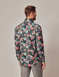Green & White Floral Lily Slim Shirt - High Collar-preview3