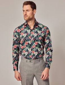 Green & White Floral Lily Slim Shirt - High Collar-preview2