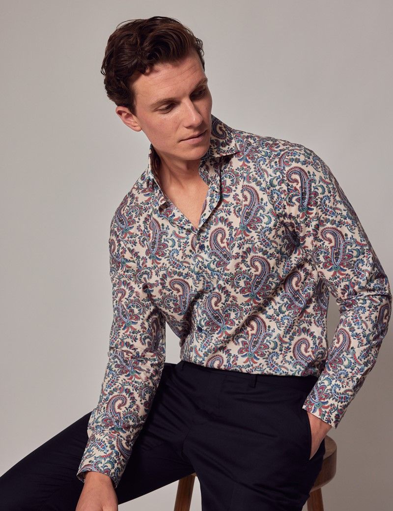 Men's Cream & Green Paisley Slim Shirt - High Collar