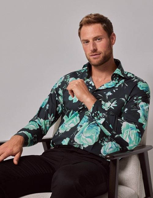 Green Floral Slim Shirt - High Collar