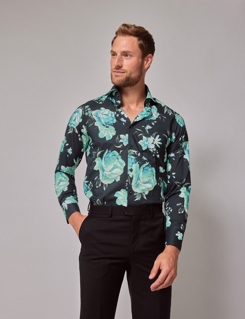 Men s Green Floral Slim Shirt High Collar Hawes Curtis