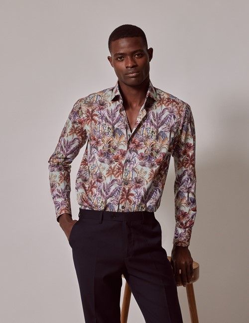 Green & Purple Floral Slim Shirt - High Collar