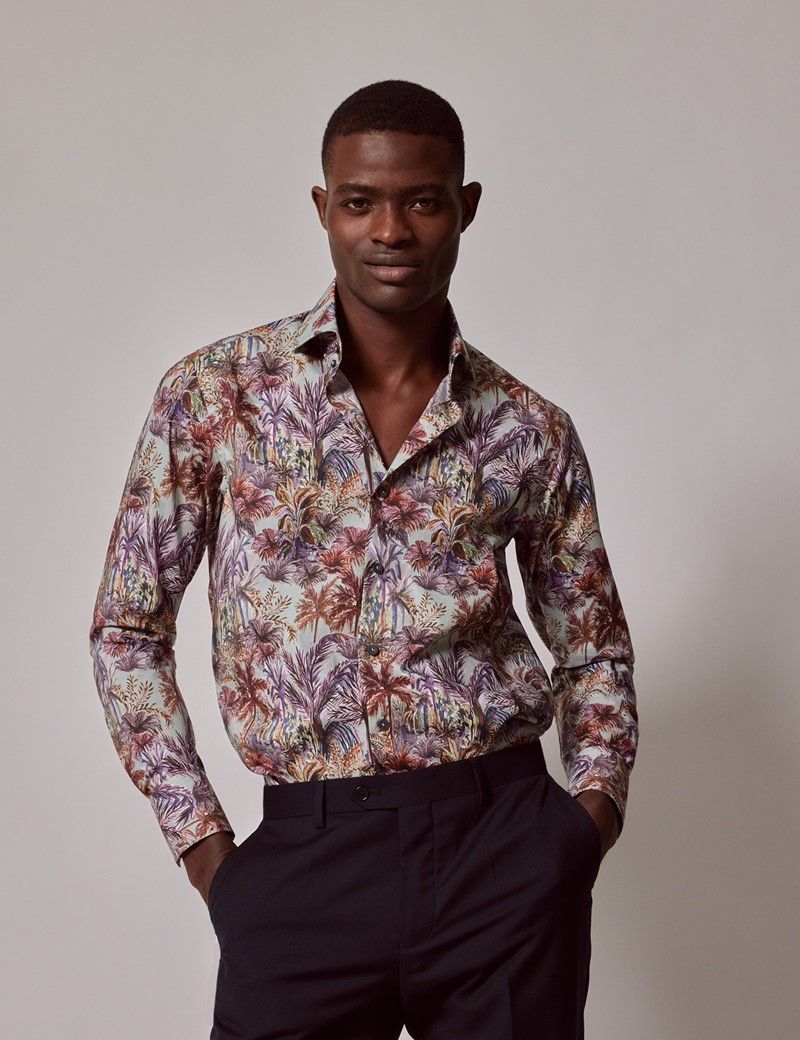 Men's Green & Purple Floral Slim Shirt - High Collar