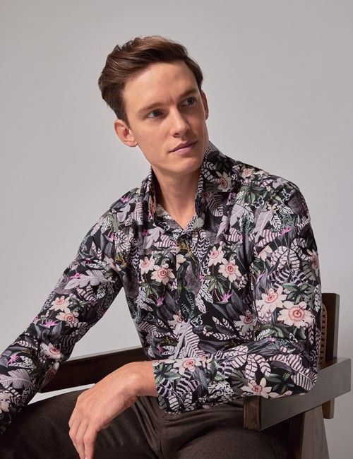 Green & White Floral Slim Shirt - High Collar