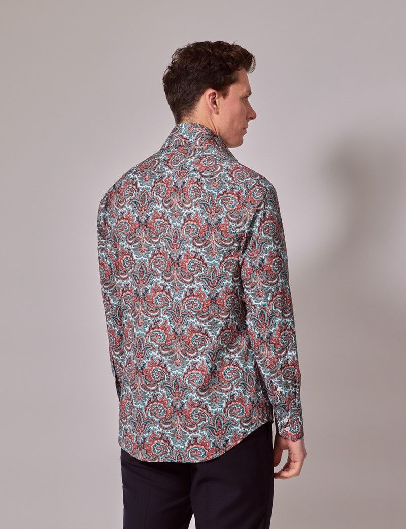 Men's White & Red Paisley Slim Shirt - High Collar | Hawes & Curtis