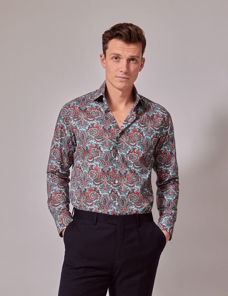 Men's White & Red Paisley Slim Shirt - High Collar | Hawes & Curtis