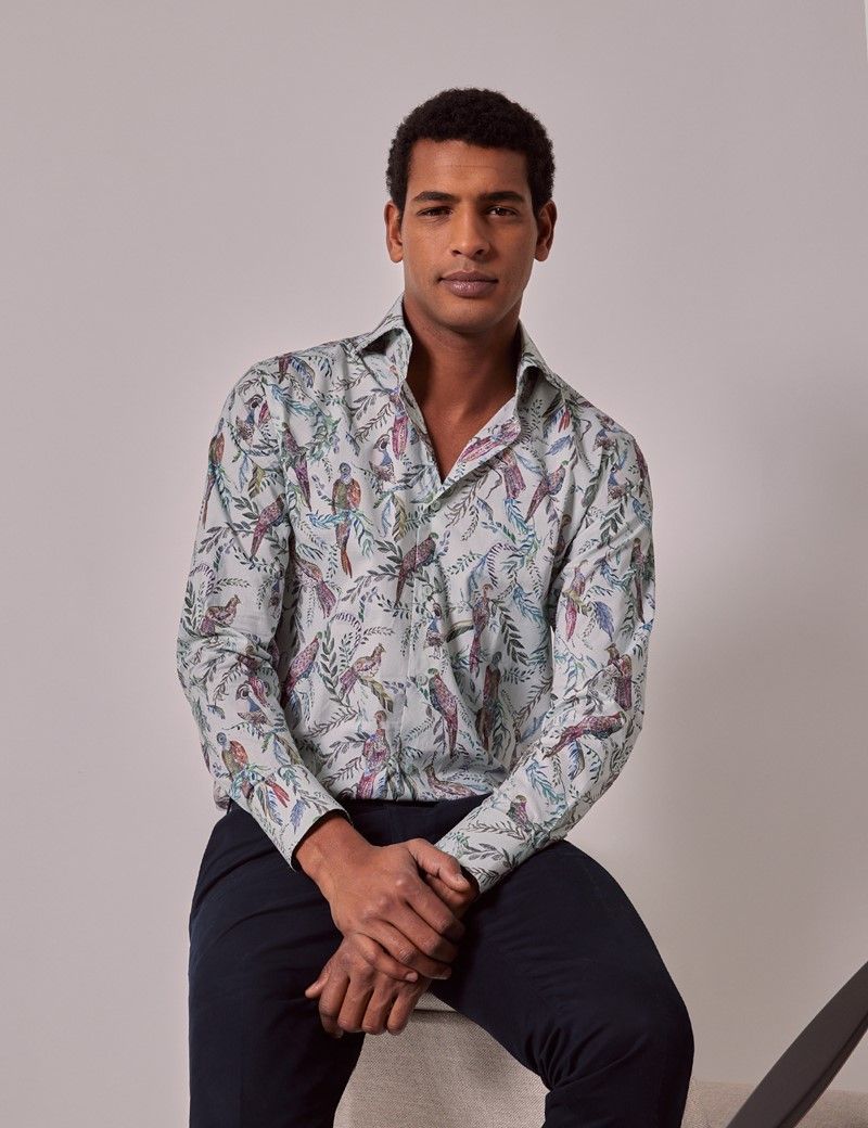 Men's Green Bird Pattern Slim Shirt - High Collar | Hawes & Curtis