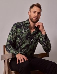 Slim Fit Navy & Green Leaf Curtis Shirt
