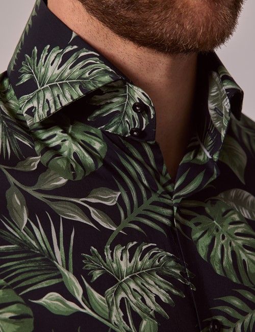 Navy & Green Leaf Slim Shirt - High Collar-preview