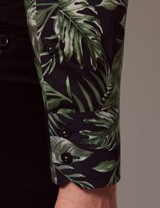 Slim Fit Navy & Green Leaf Curtis Shirt-preview3