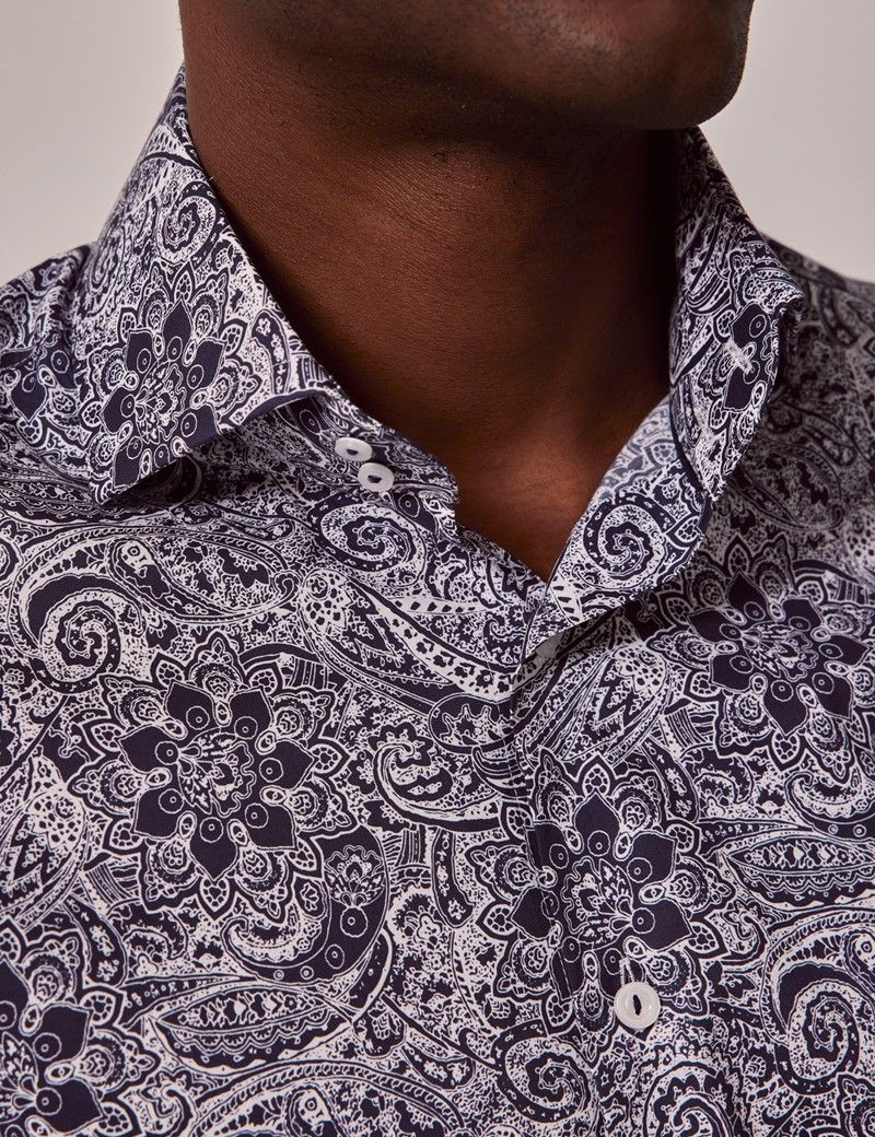 Mens Navy And White Paisley Slim Shirt High Collar Hawes And Curtis