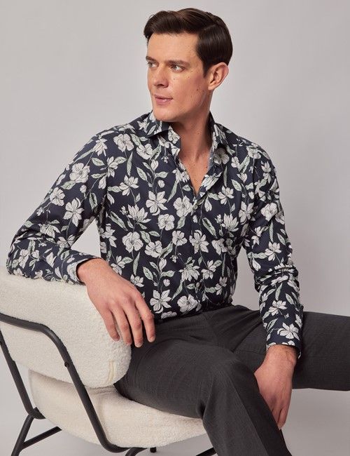 Navy & White Floral Slim Curtis Shirt - High Collar