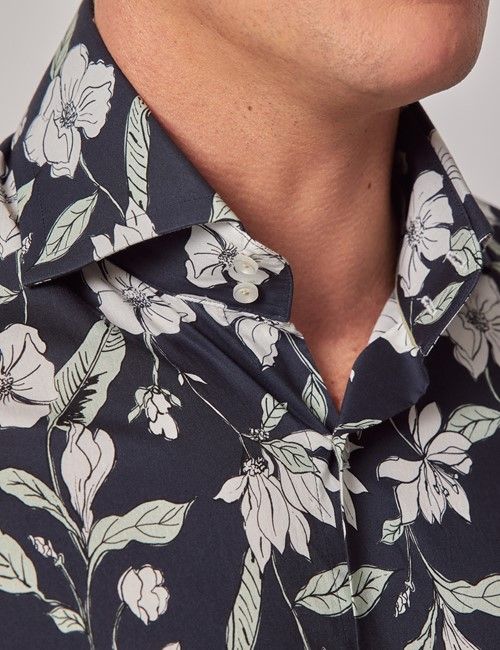 Navy & White Floral Slim Curtis Shirt - High Collar-preview