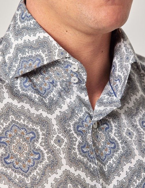 White & Grey Paisley Slim Shirt - High Collar-preview