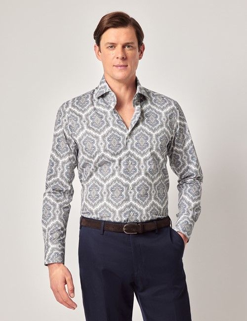 White & Grey Paisley Slim Shirt - High Collar
