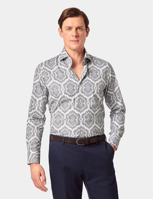 White & Grey Paisley Slim Shirt - High Collar
