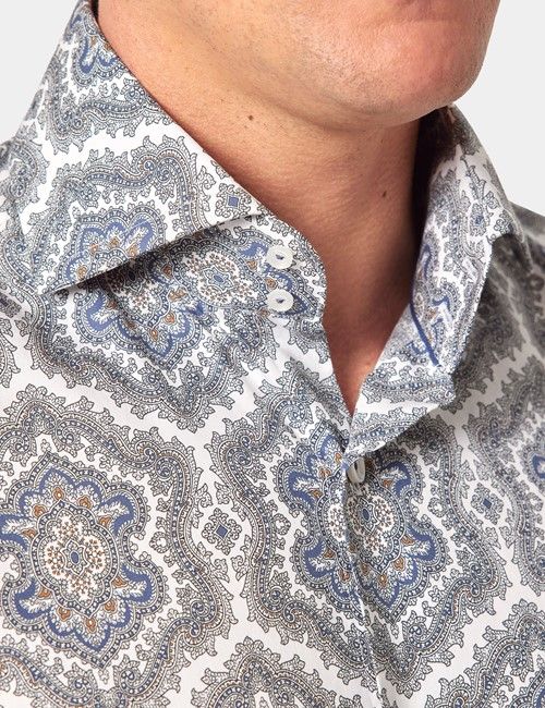White & Grey Paisley Slim Shirt - High Collar-preview
