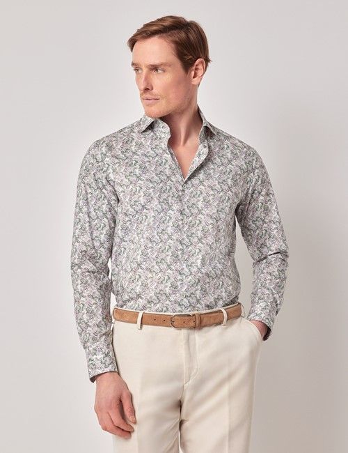 Green & White Tropical Flower Slim Curtis Shirt - High Collar