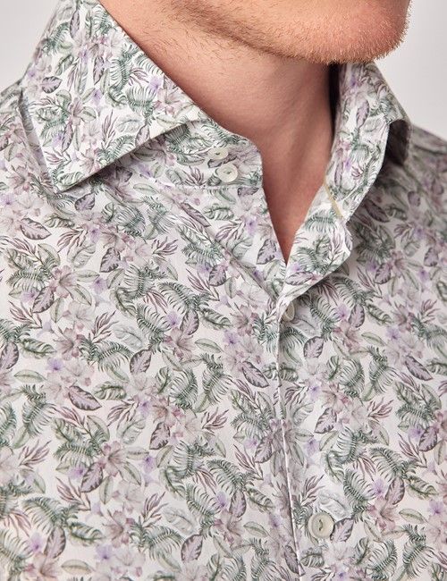 Green & White Tropical Flower Slim Curtis Shirt - High Collar-preview