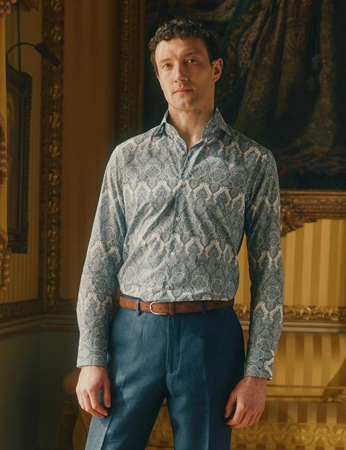 Navy & White Paisley Slim Curtis Shirt - High Collar