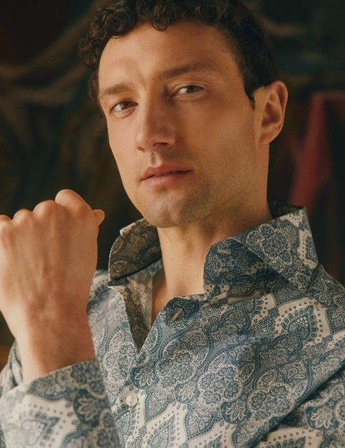 Navy & White Paisley Slim Curtis Shirt - High Collar-preview