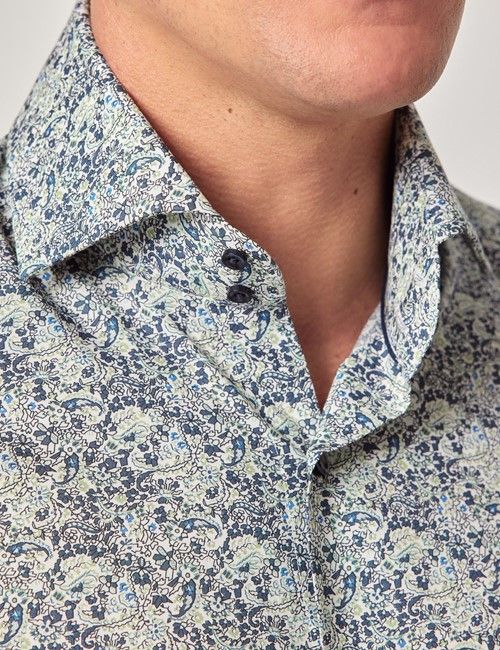 Navy & Green Paisley Slim Curtis Shirt - High Collar-preview