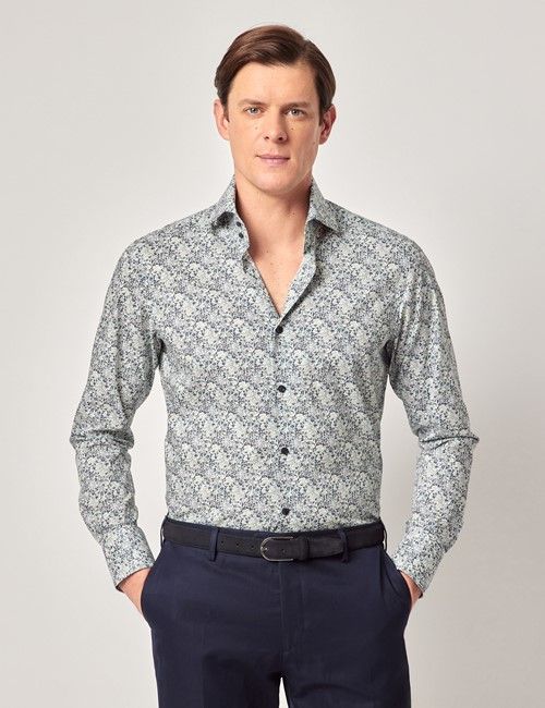 Navy & Green Paisley Slim Curtis Shirt - High Collar