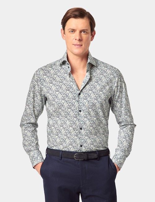 Navy & Green Paisley Slim Curtis Shirt - High Collar