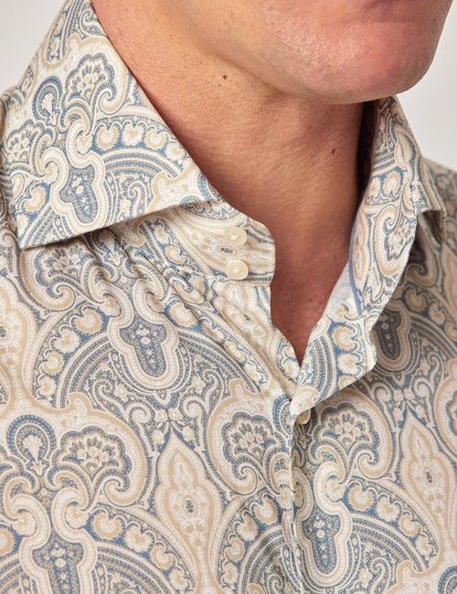 Beige & Blue Paisley Slim Curtis Shirt - High Collar-preview